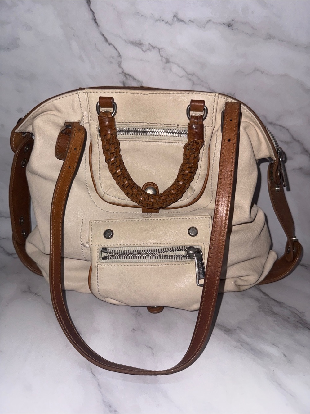 Neutral Cream Satchel with Tan Leather Trim and Braided Handle vintage Rachel